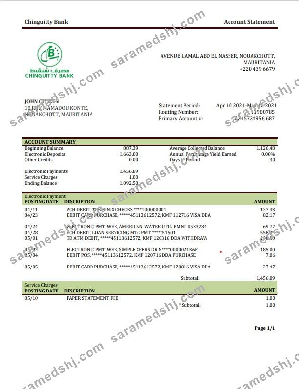 Mauritania Chinguitty bank statement template in Word and PDF format